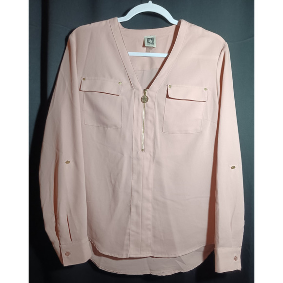 Anne Klein S Pink Pullover Top 3/4 Zip Long Sleeve Logo Casual Lightweight - Picture 2 of 7